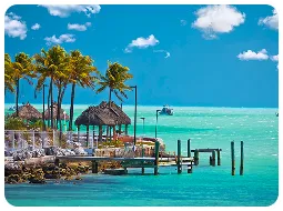 Coastal scene with turquoise water, palm trees, thatched huts, and a boat in the distance.