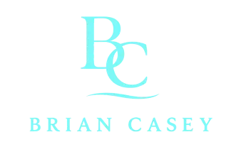 Logo with stylized initials "BC" above the name "Brian Casey" in light blue text on a black background.