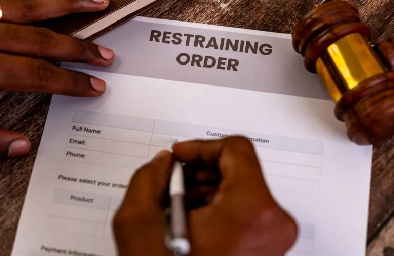 Person filling out a restraining order form on wooden table with wooden gavel nearby.