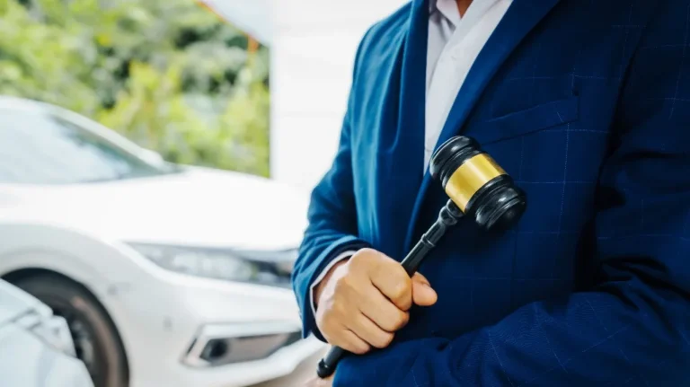 Person in a blue suit holding a black and gold auctioneer's gavel near a white car.