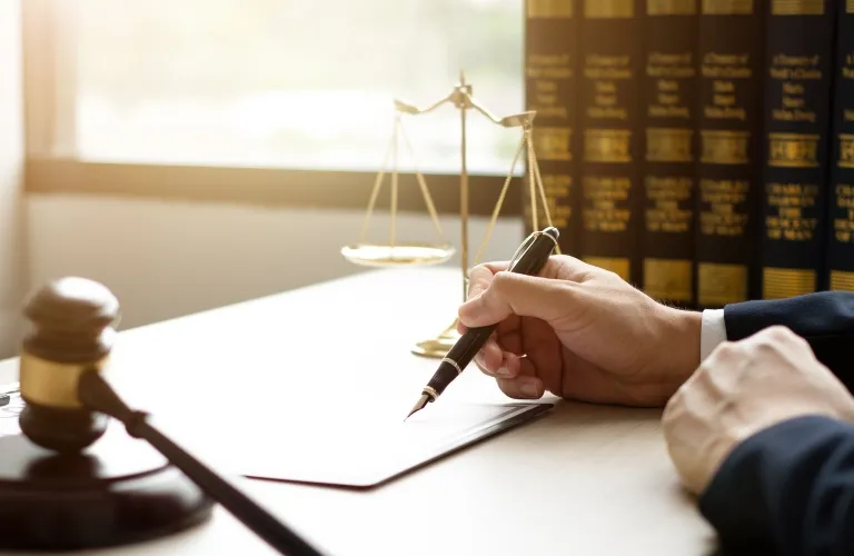 Person in formal attire writing on paper with pen, scales of justice and legal books in background.
