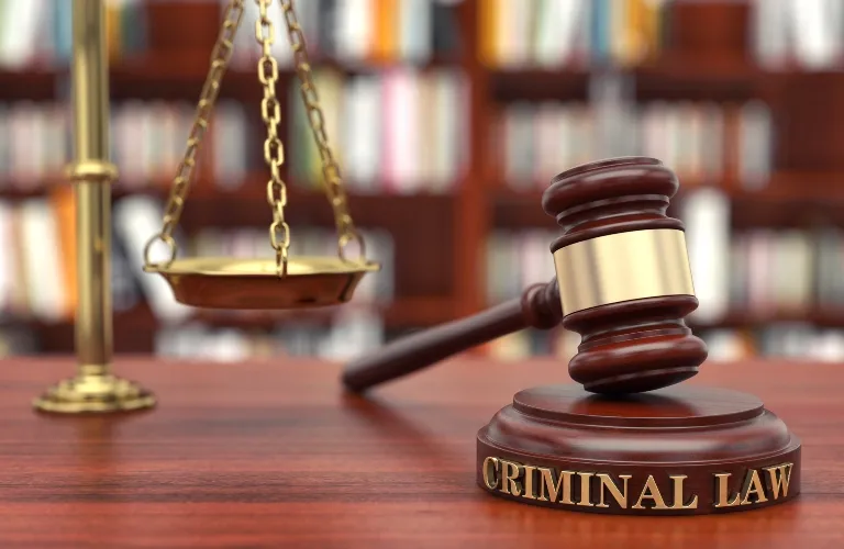 Wooden judge's gavel with "Criminal Law" inscription and brass scales of justice on desk.